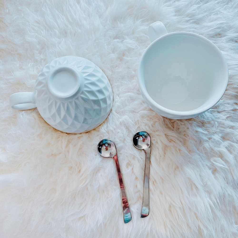 2 Matching Tea Cups + Spoons